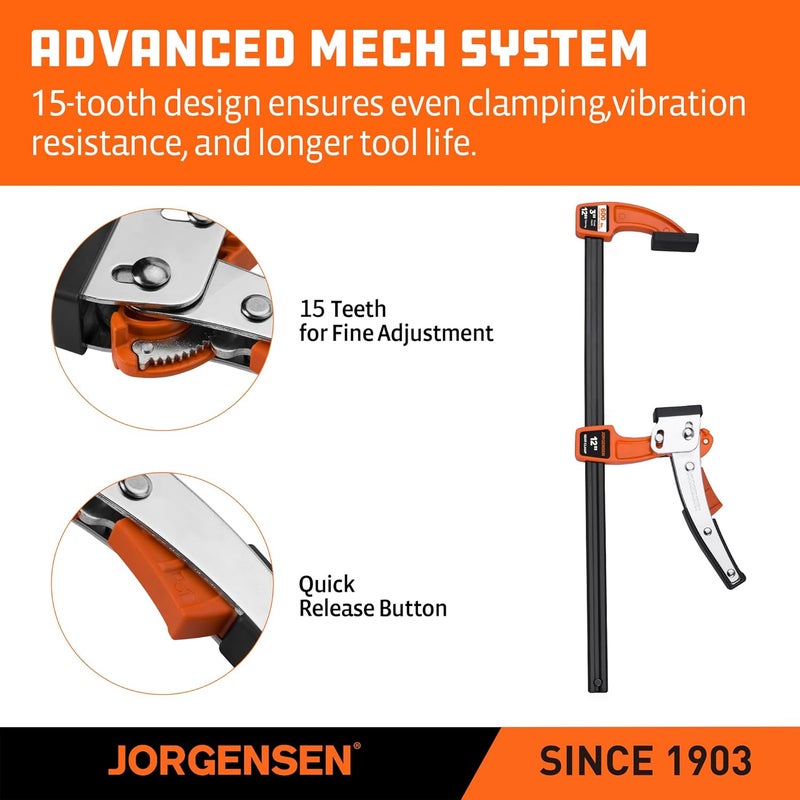 Jorgensen 12-inch Bar Clamp Set, Ratcheting Bar Clamp for Woodworking, Quick Release Gear Clamp with 600 lbs Load Limit - 2 Pack - Image 4